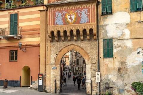 Porta Testa town gate in Finalborgo, Finale Ligure, Riviera di Ponente, Liguria, Italy, Europe