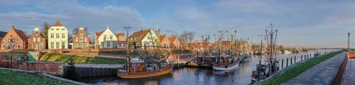 Harbour and historic gabled houses, Greetsiel, East Frisia, Lower Saxony, Germany, Europe