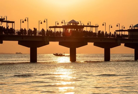 Sunset at the pier in Miedzyzdroje, Western Pomerania, Poland, East Europe, Europe