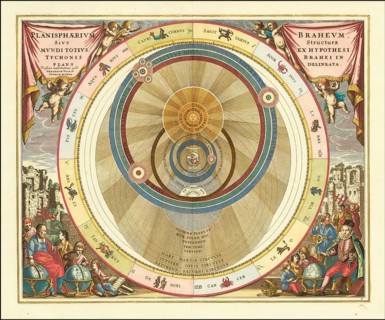 Danish astronomer Tycho Brahe's model of the universe, 1660, digital improved reproduction of a