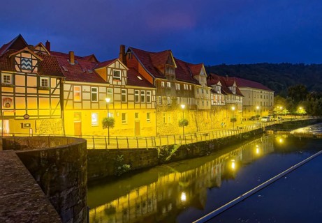 Wanfrieder Schlagd with half-timbered houses on the edge of the old town of Hannoversch Münden in