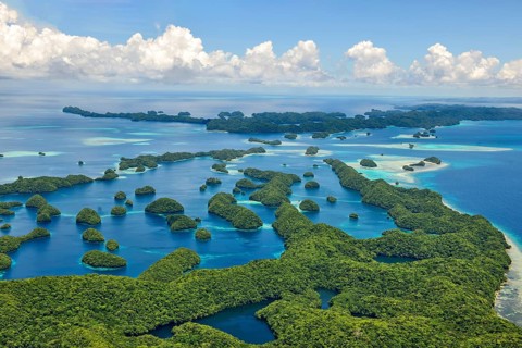 Aerial view of 70 Seventy Islands Rock Islands in island paradise island state Palau in the Pacific