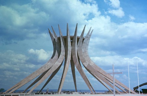 Modern architecture of the unfinished cathedral church under construction, Brasilia, Federal