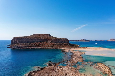 Drone shot, beach and bay of Balos, Gramvousa peninsula, Kolimbari, West Crete, Crete, Greece,