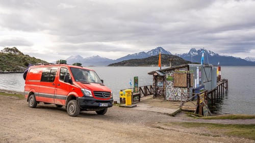 4x4 campervan in front Correo Argentino, Postal Unit of the End of the World, Tierra del Fuego