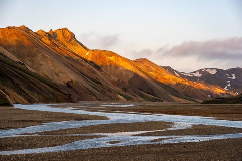 Rhyolite mountains and river Jökulgilskvísl, Landscape at Landmannalaugar, Dramatic volcanic