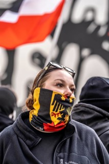 The neo-Nazi group Jung und Stark, JS, demonstrates in the city centre of Essen, demanding the