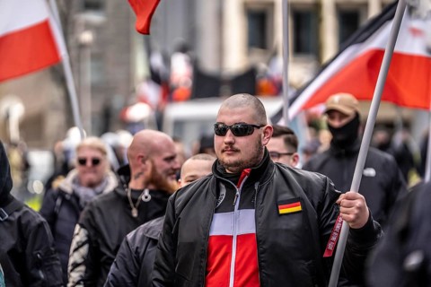 The neo-Nazi group Jung und Stark, JS, demonstrates in the city centre of Essen, demanding the