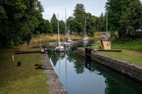 Lock in the Göta Canal. Göta Canal was built between 1810 and 1832 and runs right through Sweden.