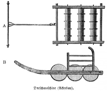 Threshing machine for agriculture with iron pieces on the rollers (A) or toothed, iron wheels