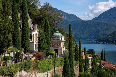 Cemetery, Monumental cemetery, Morcote, Lake Lugano, Lago di Lugano, Canton Ticino, Switzerland,