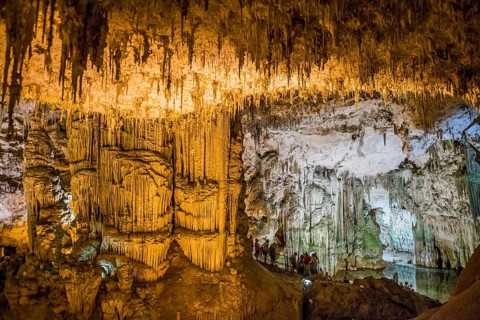 Huge stalactites and underground lake, stalactite cave, Grotta di Nettuno, Neptune Grotto, Capo