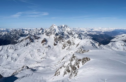 View from the summit of Monte Cevedale, mountain panorama with summit Königsspitze and Ortler,