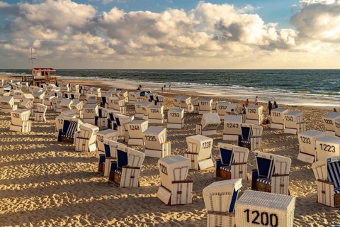 Beach chairs on the west beach near Westerland, Sylt island, North Friesland district,
