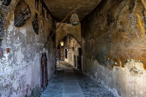 Passage with historical murals in the historic Meersburg Castle, museum, sight, Lake Constance,