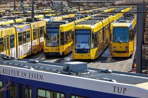 Essen, North Rhine-Westphalia, Germany, Trams at Ruhrbahn depot, Verdi and EVG warning strike,