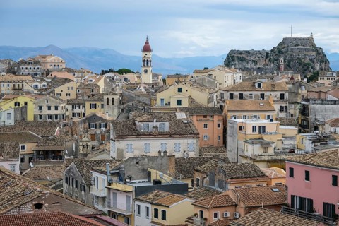 Corfu Town, Corfu, Greece, City overview Corfu Town with the Greek Orthodox Church of Agios
