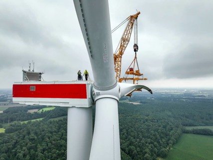 Dorsten, North Rhine-Westphalia, Germany, construction of a wind turbine. A large mobile crane