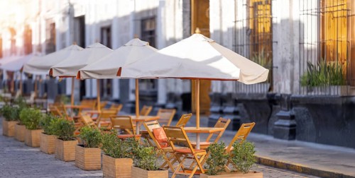 Peru, Colorful restaurants and colonial buildings of Arequipa in historic city center., South