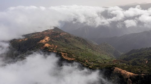 Aerial view, fog and typical landscape, La Gomera, Canary Islands, Spain, Europe