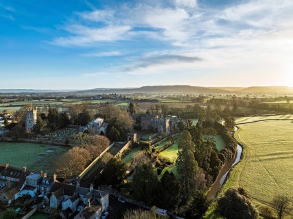 Berkeley Castle from a drone, Berkeley, Cotswolds, Gloucestershire, England, United Kingdom, Europe