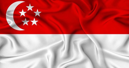 Realistic Singapore flag waving. Close up of flag of Singapore with cloth texture