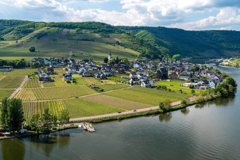 View from Metternich Castle to Ellenz-Poltersdorf and the Moselle, Rhineland-Palatinate, Germany,