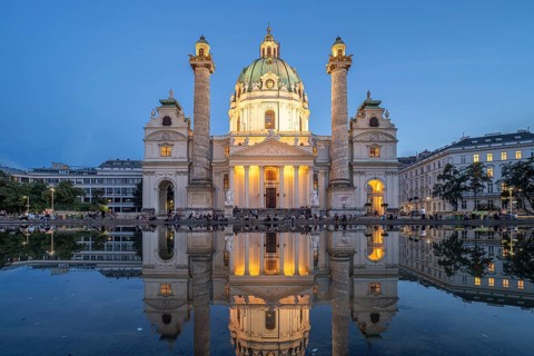 The baroque Karlskirche church at dusk, Vienna, Austria, Europe
