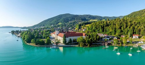 Bräustüberl and Schlosswirtschaft at Tegernsee, aerial view, Tegernsee, Bavaria, Germany, Europe