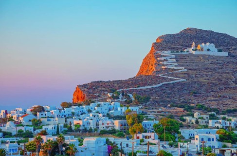 View of Chora village built on a cliff above the sea, Chora, Folegandros Island, Cyclades Islands,
