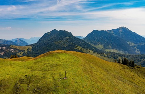 Drone shot, At the summit of the Taborberg with a view of the Gamsfeld, Osterhorn group,
