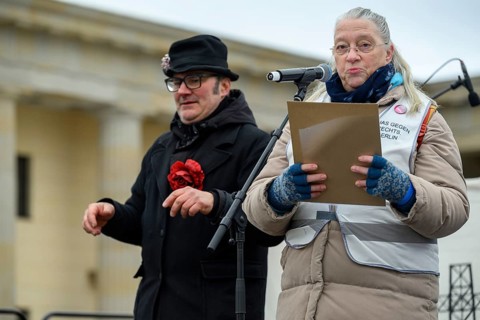 Grannies against the right speak at the Fridays for Future climate strike. Brandenburg Tor, Berlin,