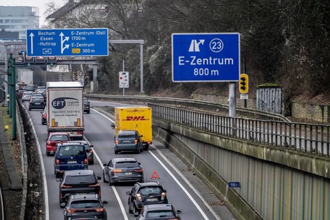 Traffic jam on the A40 motorway due to a rear-end collision in the right-hand lane, looking east,