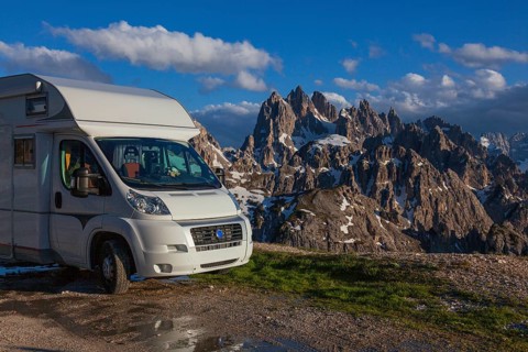 Camper paring at 2300 m sea level. Cadin mountain and surrounding area of the Tre Cime di Lavaredo