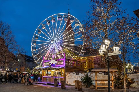 Ferris wheel at the winter village, Christmas market at dusk, Jakobsplatz, Nuremberg, Middle