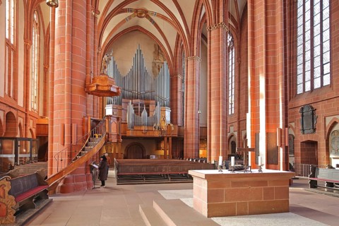 Altar, organ and pulpit with sounding board, interior view, pulpit cover, pulpit canopy, Our Lady's
