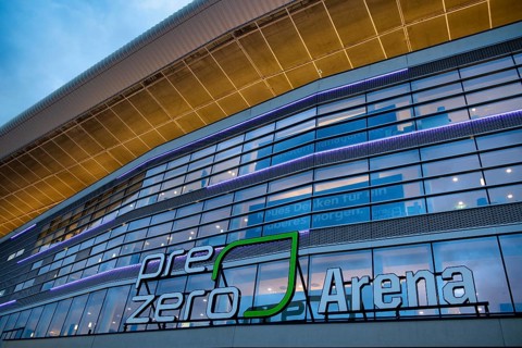 Exterior view, glass façade, logo, Europa League, PreZero Arena, Sinsheim, Baden-Württemberg,