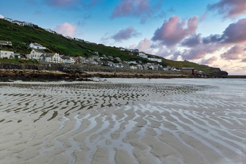 Coastline, sandy beach, sand ripples, dramatic cloudy sky, Sennen Cove, Whitesand Bay, Cornwall,