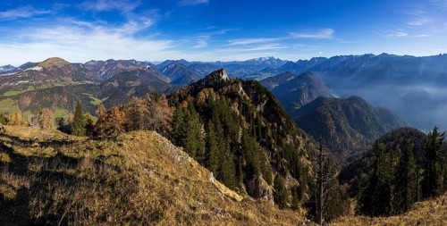 View from Schwarzer Berg to Gschirrwand and Lammertal, Golling, Osterhorngruppe, Salzburg province,
