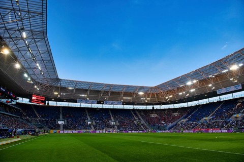 Long shot, overview, interior, blue hour, PreZero Arena, Sinsheim, Baden-Württemberg, Germany,