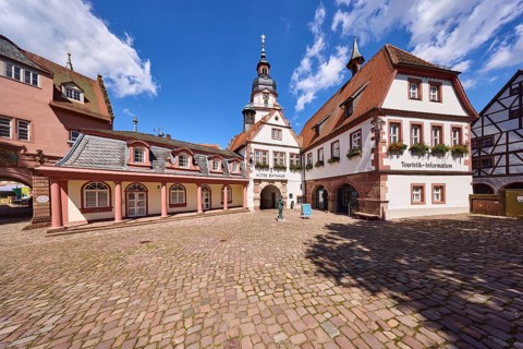 Old town hall, historic, tourist information, church tower, Erbach town church, cobblestone square,