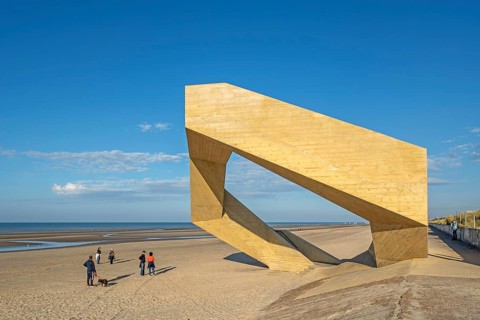 Westerpunt, concrete sculpture on beach along the North Sea coast at seaside resort De Panne,