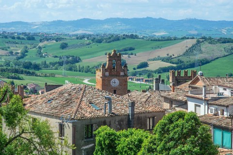 View of the landscape from the medieval Gradara castle, Marche region, Italy, Europe