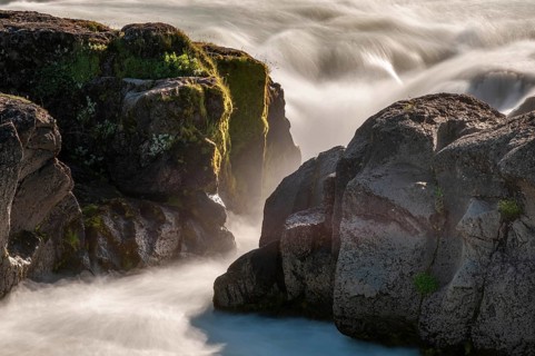 River Skjálfandafljót rapids at Góðafoss or Godafoss waterfall, long exposure, North Iceland,