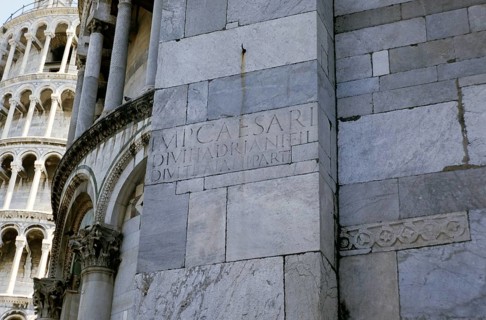 Ancient Roman stones with Latin inscription in honour of Caesar Hadrian during the construction of