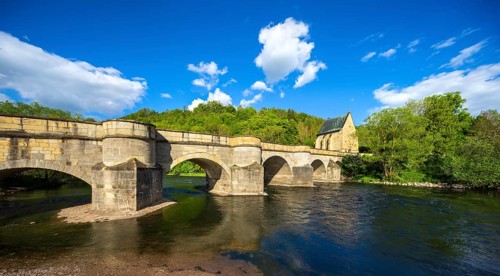 Old stone bridge from 1223 over the river Werra with bridge chapel, Liboriuskapelle, pilgrimage