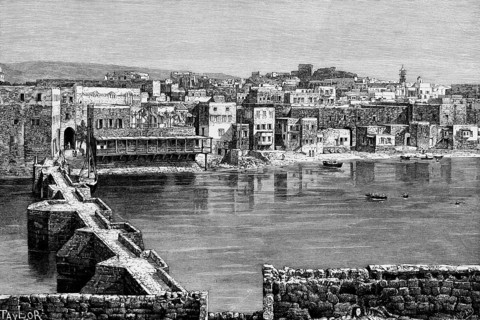 Town view of Sidon, view from the old fortress, pedestrian bridge crossing a river, rowing boats,