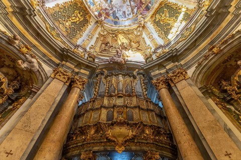 Organ in the interior of the monastery church of St. Georg Weltenburg near Weltenburg, Bavaria,