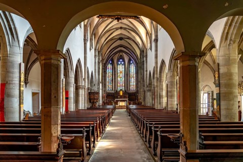 Interior of the Roman Catholic church of St-Grégoire or St Gregory in Ribeauville, Alsace, France,