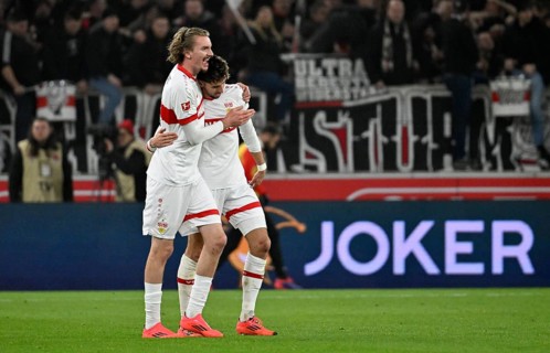 Goal celebration Nick Woltemade VfB Stuttgart (11) with Atakan Karazor VfB Stuttgart (16) Perimeter